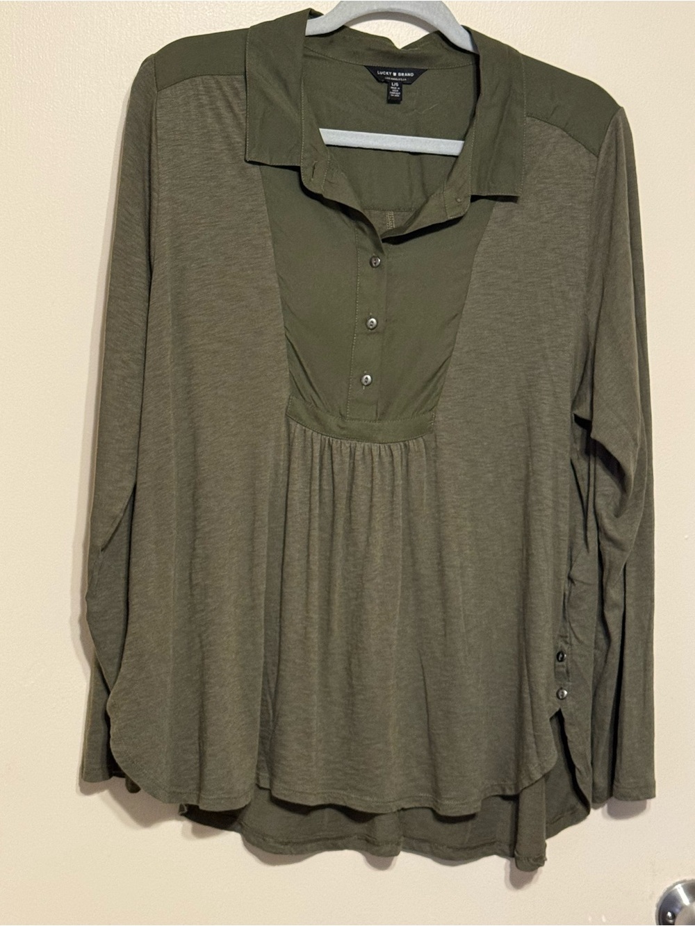 Lucky Brand Olive Green Henley Style Tunic Mixed Media Relaxed Flowy Flattering
